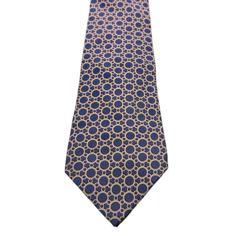 Hermes Paris Tie 7774 FA Blue Beige Circle Geometric Print 100% Silk France - Picture 6 of 6